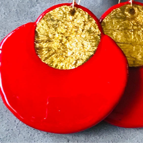 Vintage 80’s Red & Goldleaf Lacquer & Paper Statement OOAK Earrings Signed Dion - Picture 2 of 11